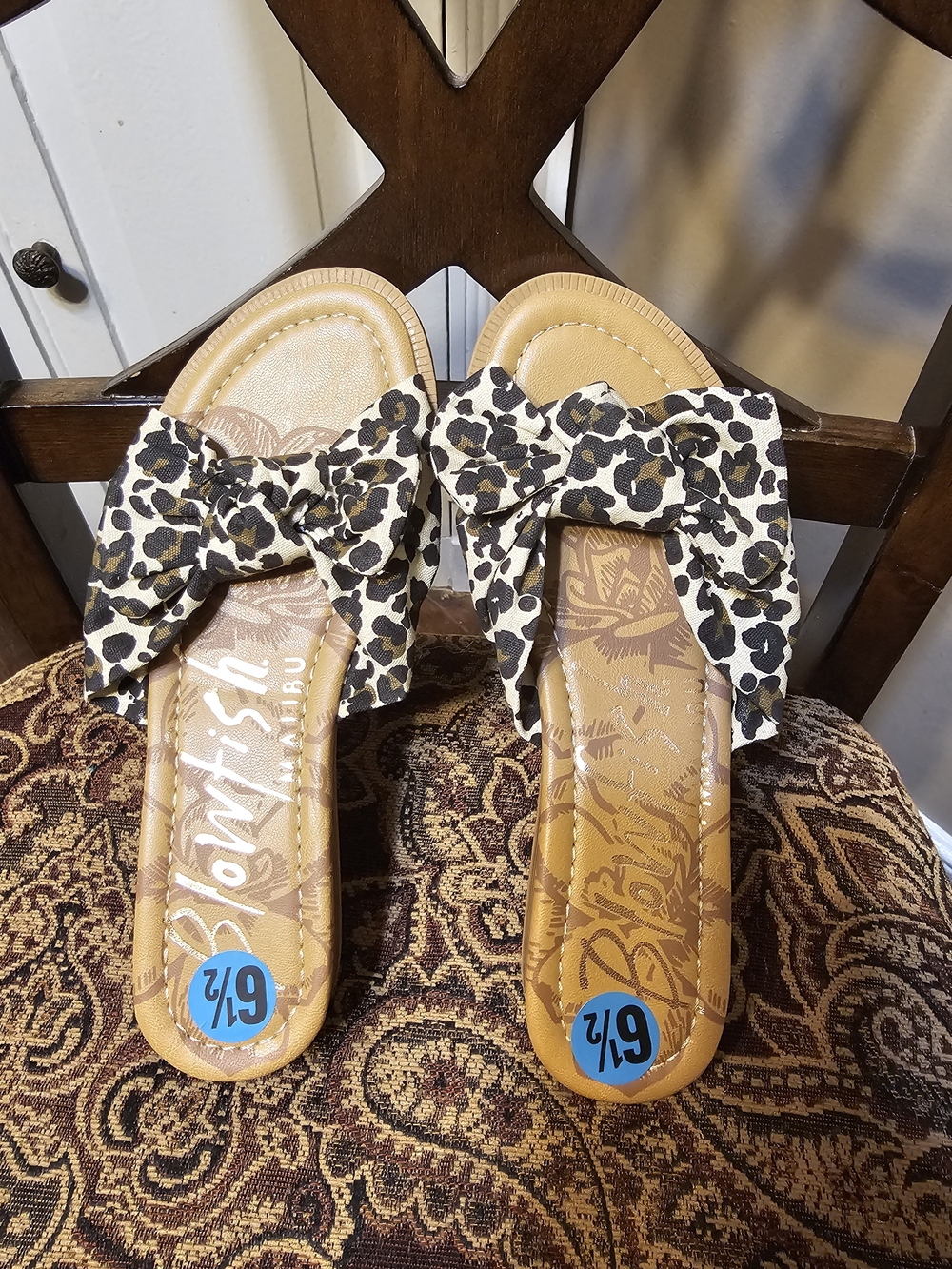 Malibu Tan Slide Sandals with Leopard Bow